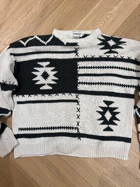 Vintage Ports International Hand Knit Sweater Dark Grey White Aztec M